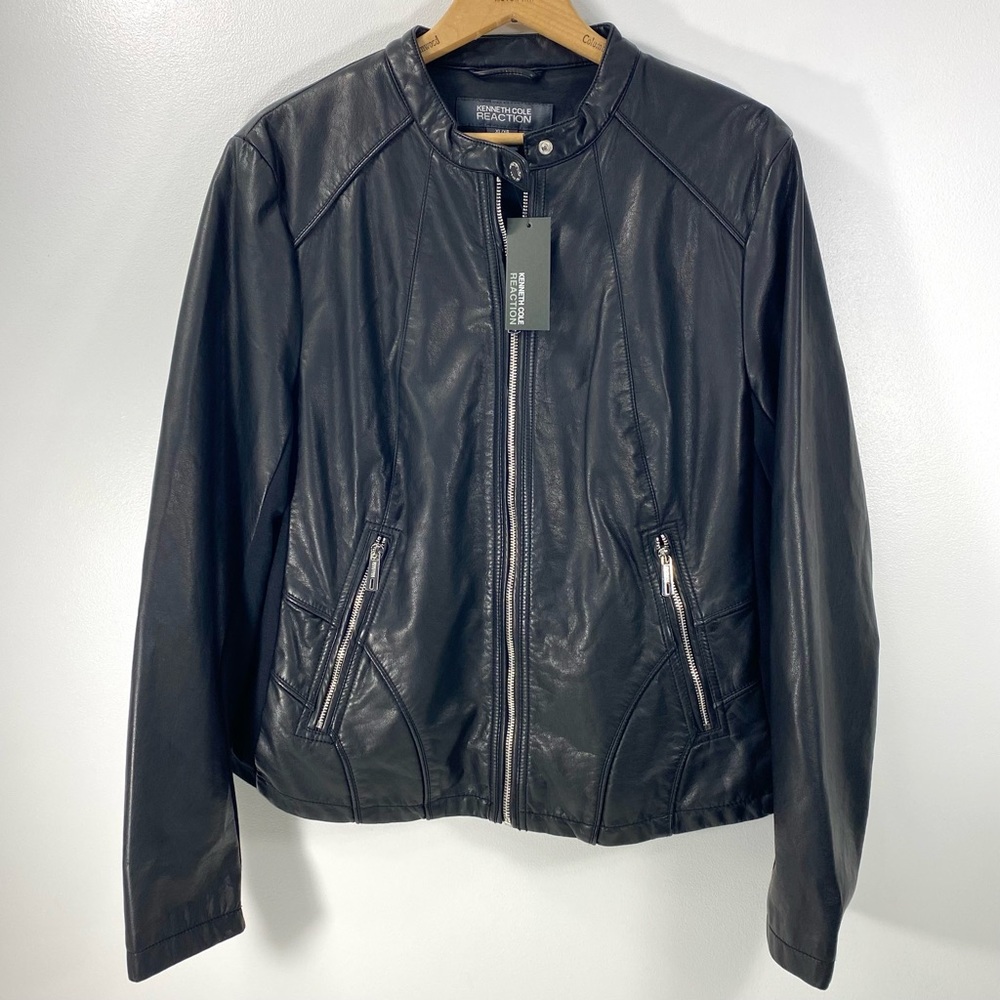 Kenneth Cole Reaction Black Faux Leather Moto Biker Bomber Race Style Jacket XL